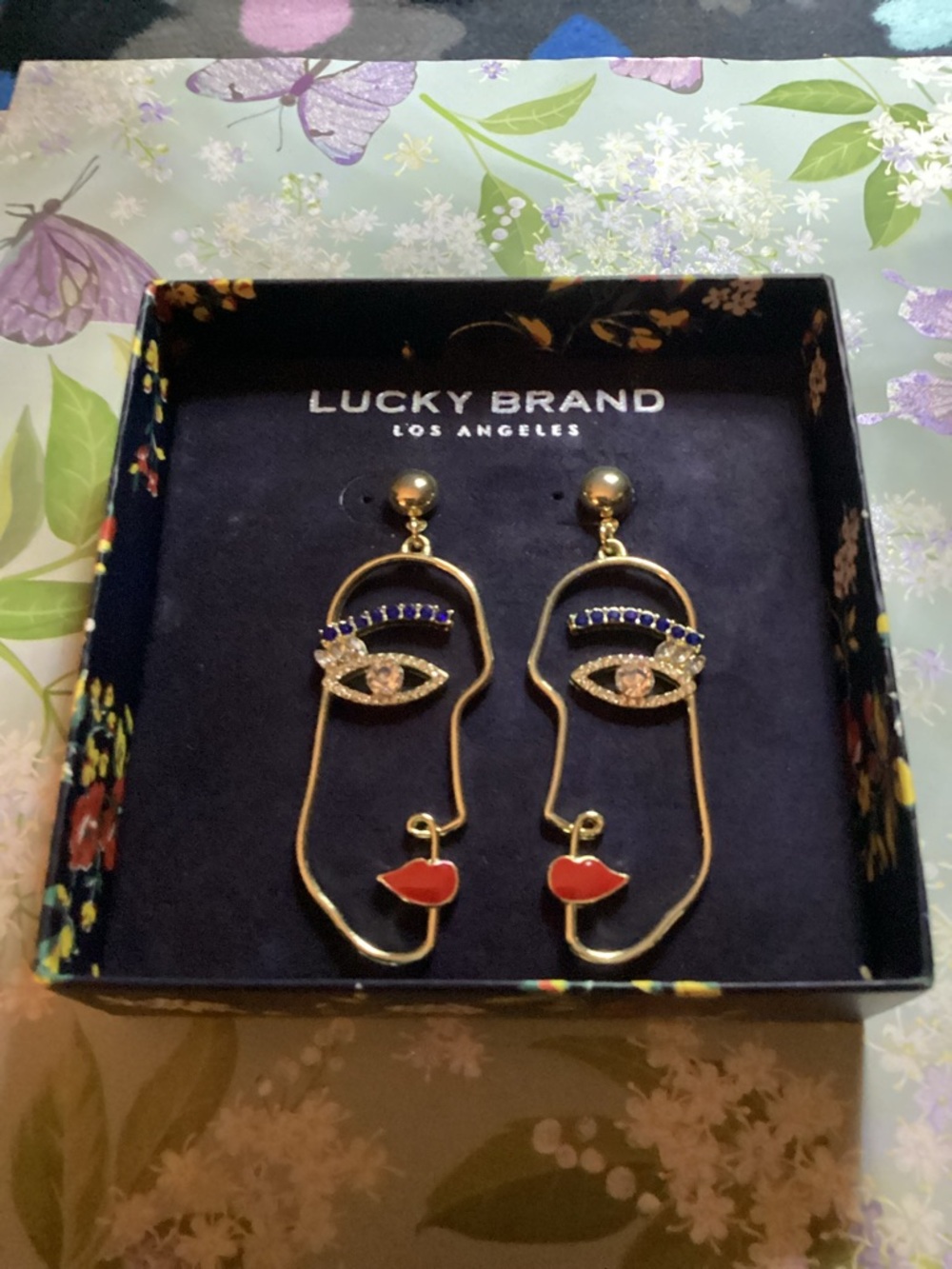 Rare 💋💋Lucky Brand Gold Face Outline Earrings with Blue and Red Accents